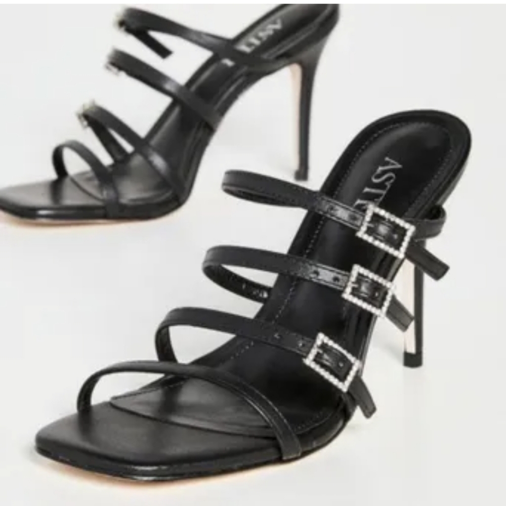 NEW Aster Capri Sandals Size 8 Black Slip On High Heel Shoes Leather Strappy